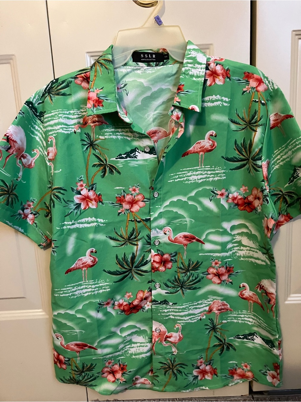 SSLR Green Flamingo Print Short Sleeve Button-Down Shirt